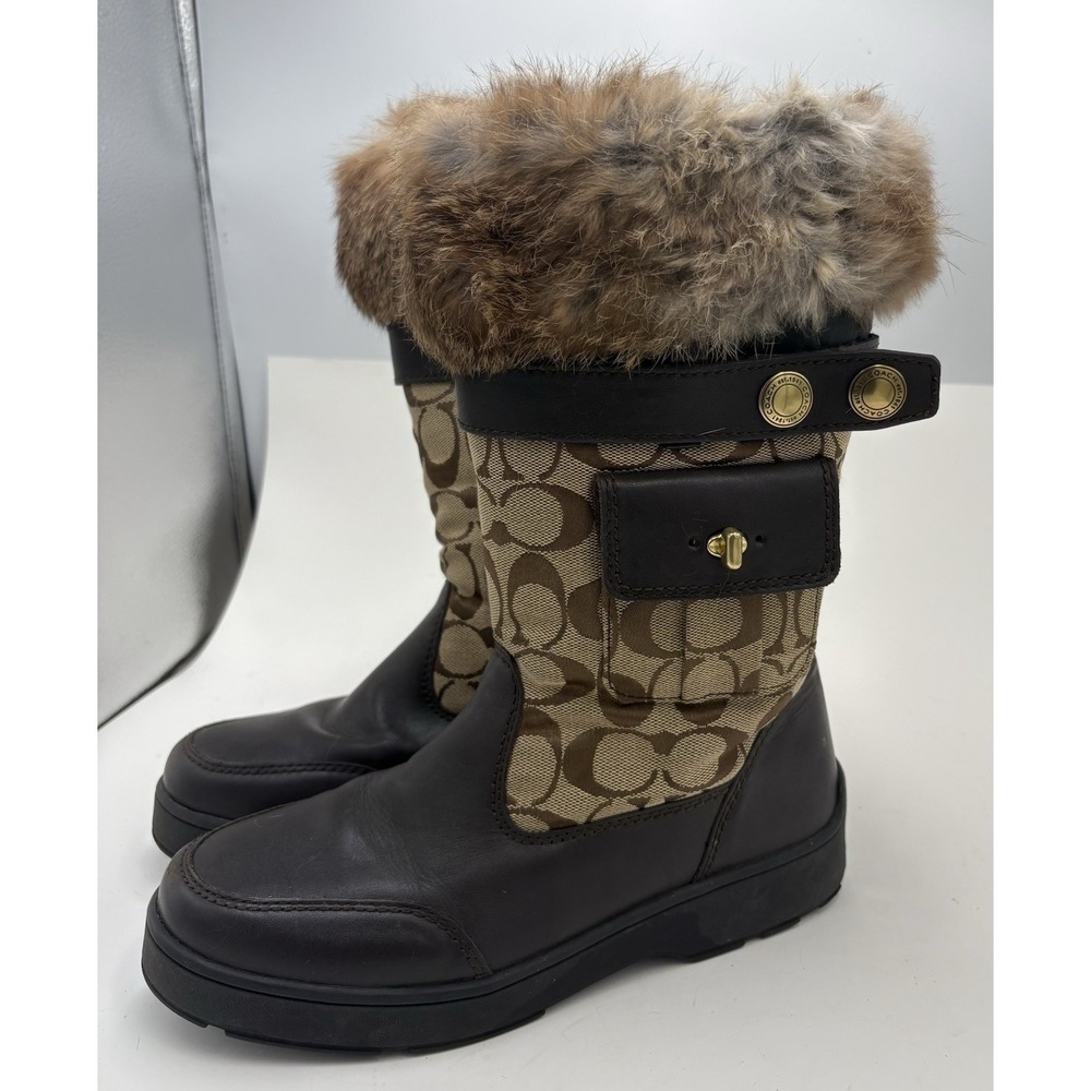Coach Women's Kimberly Signature C Leather Fabric Fur Trim Winter Boots Brown 7M - Picture 1 of 9